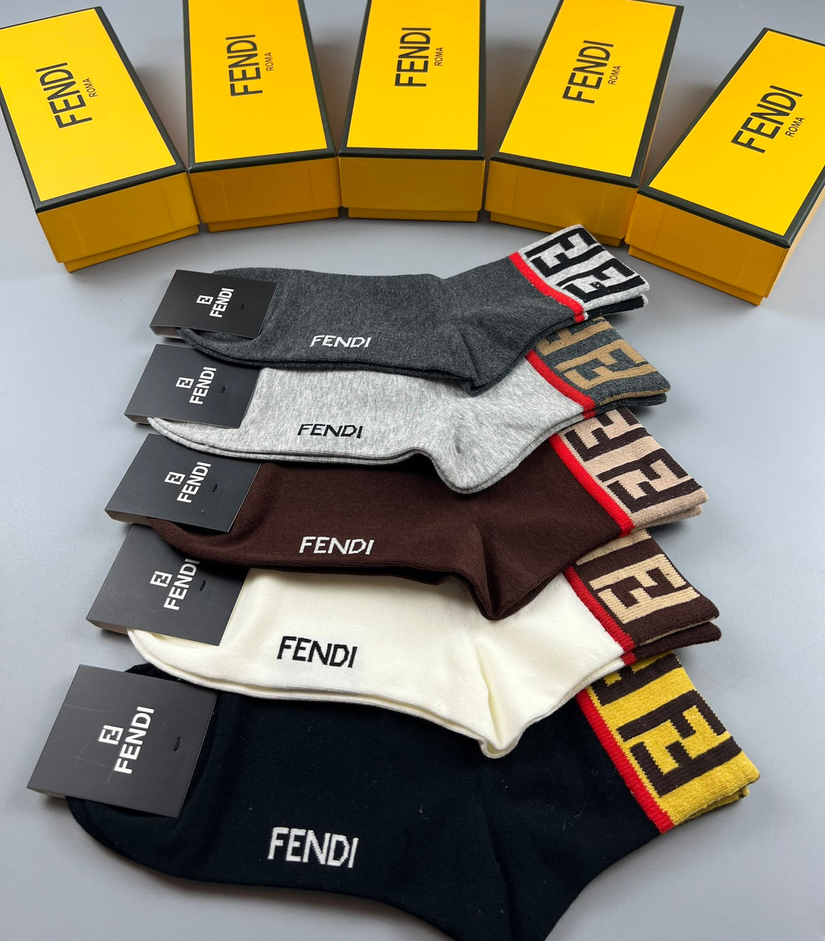 Fendi Grey Brown Black Small Hem Letters Crew Socks, image 8