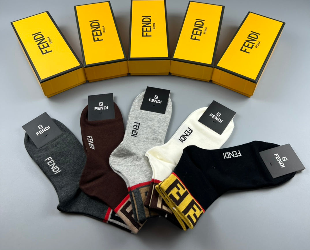 Fendi Grey Brown Black Small Hem Letters Crew Socks, image 3