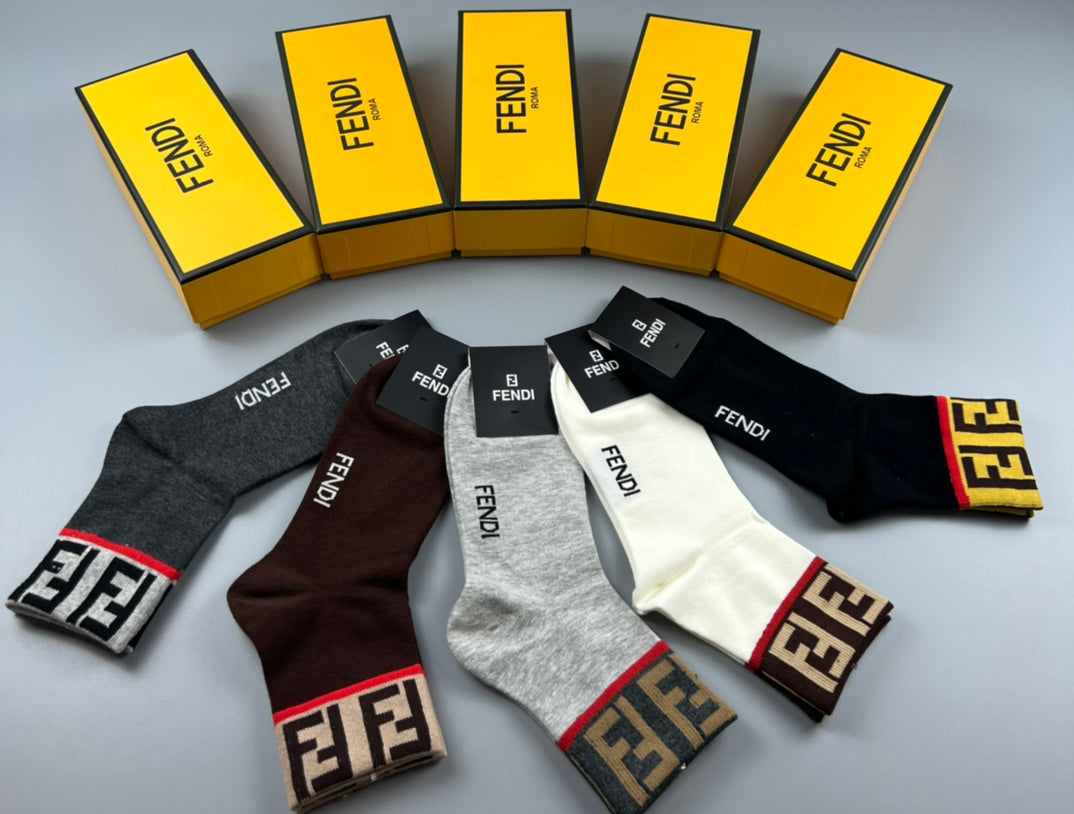 Fendi Grey Brown Black Small Hem Letters Crew Socks, image 2