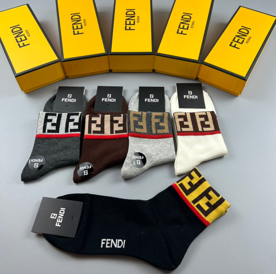 Fendi Grey Brown Black Small Hem Letters Crew Socks, image 7