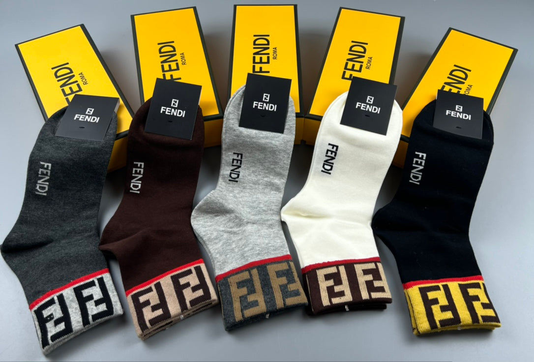 Fendi Grey Brown Black Small Hem Letters Crew Socks, image 4