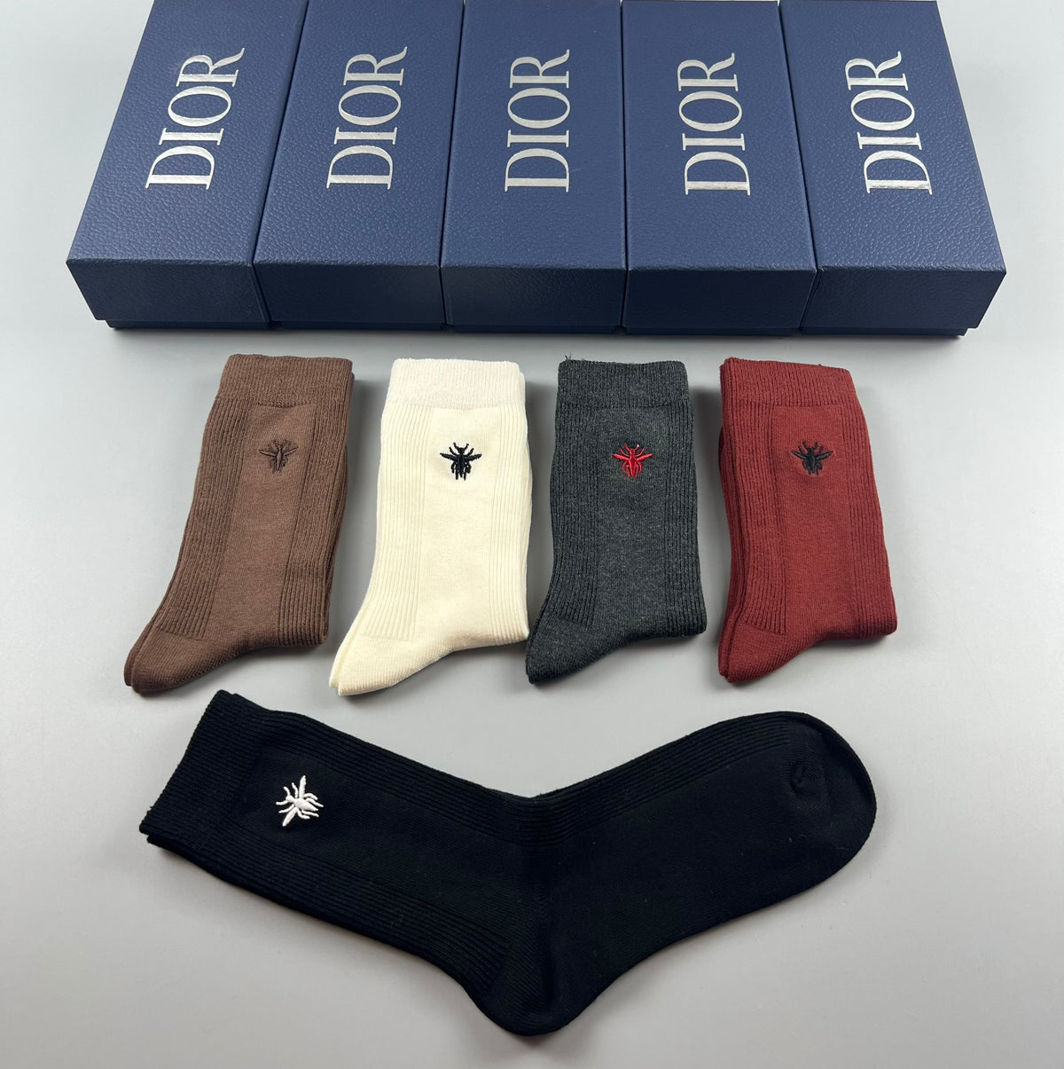 Dior Brown Black Cream Burgundy Rib Mix Crew Socks, image 6