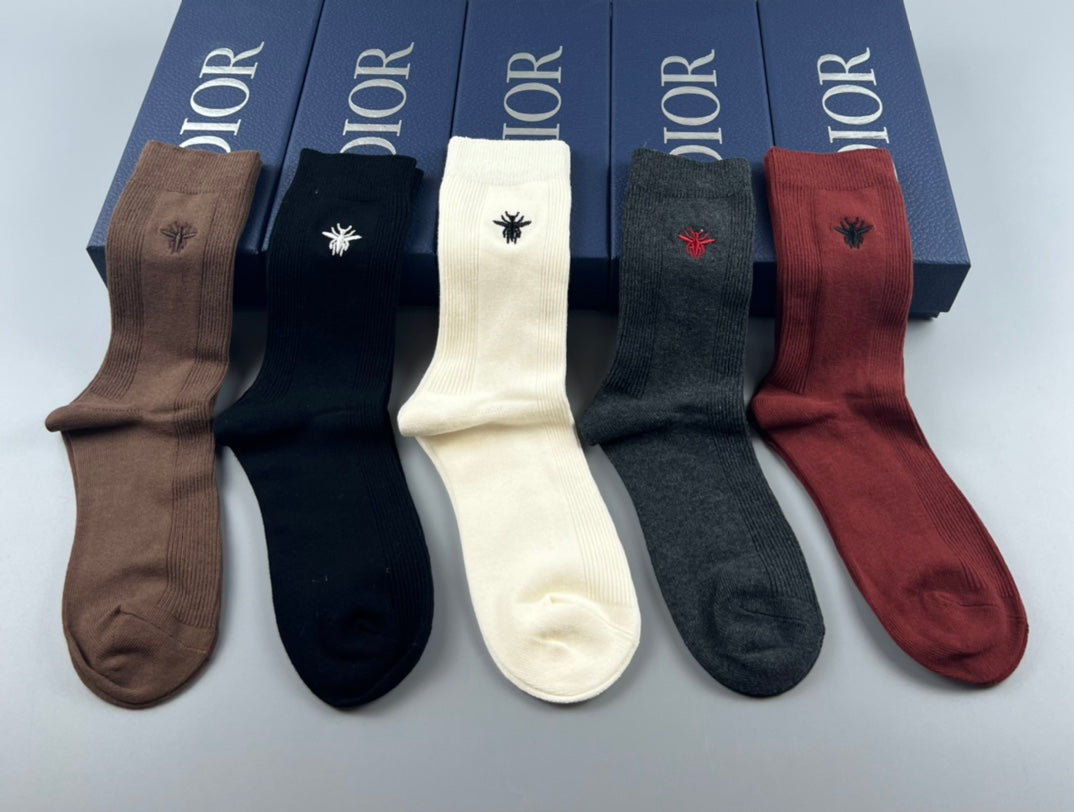 Dior Brown Black Cream Burgundy Rib Mix Crew Socks, image 3