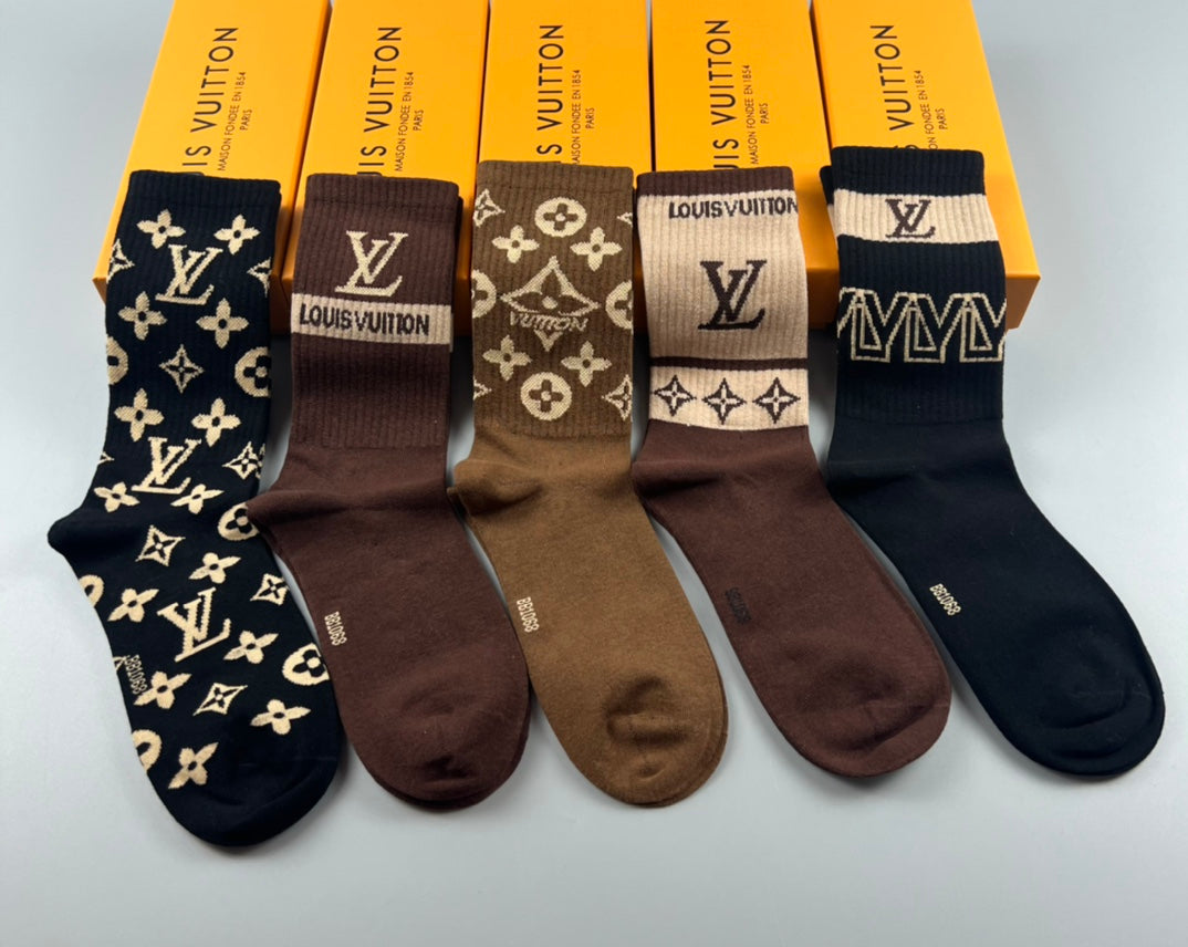 Louis Vuitton Black Cream Brown Large Motifs Crew Socks, image 7