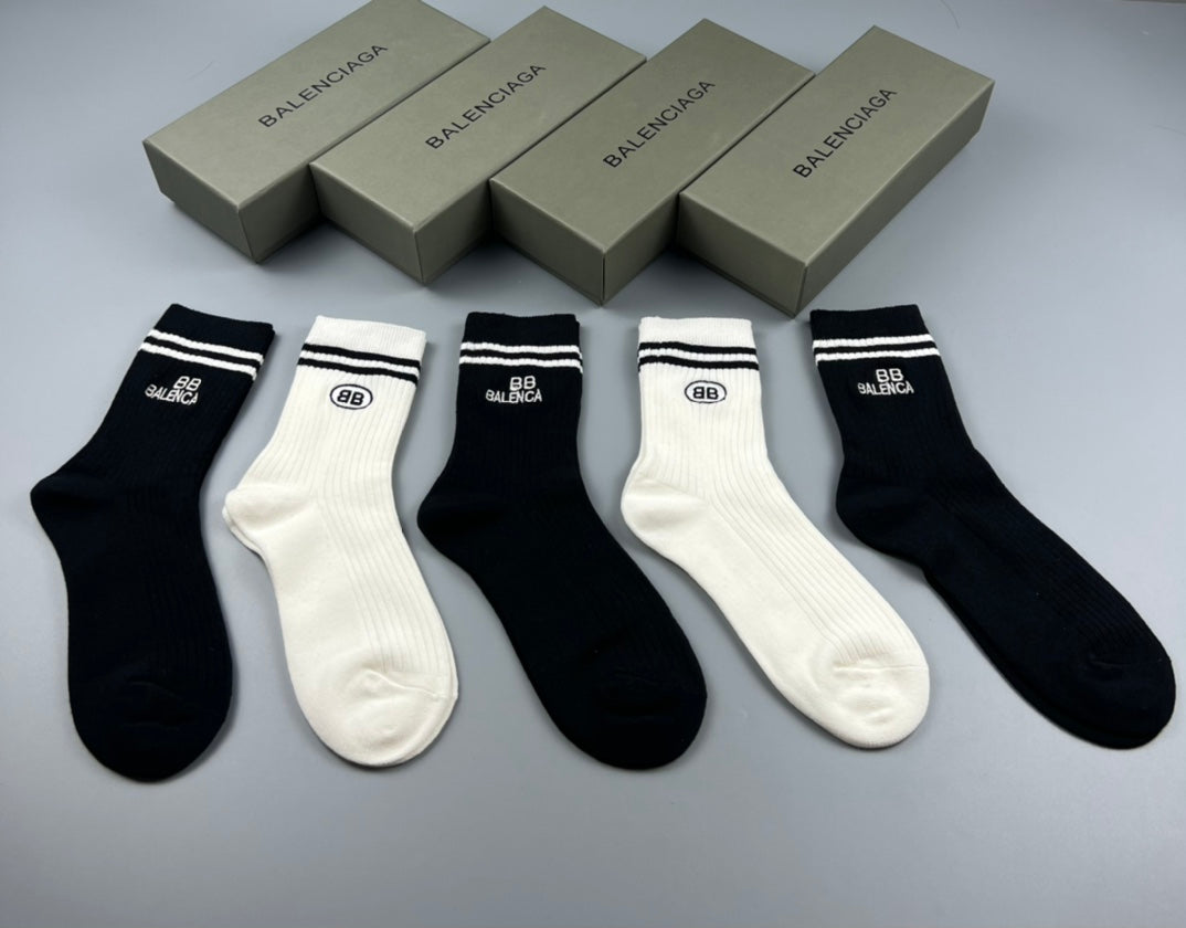 Balenciaga Black White Grey Fine Stripe Cuffs Crew Socks, image 1