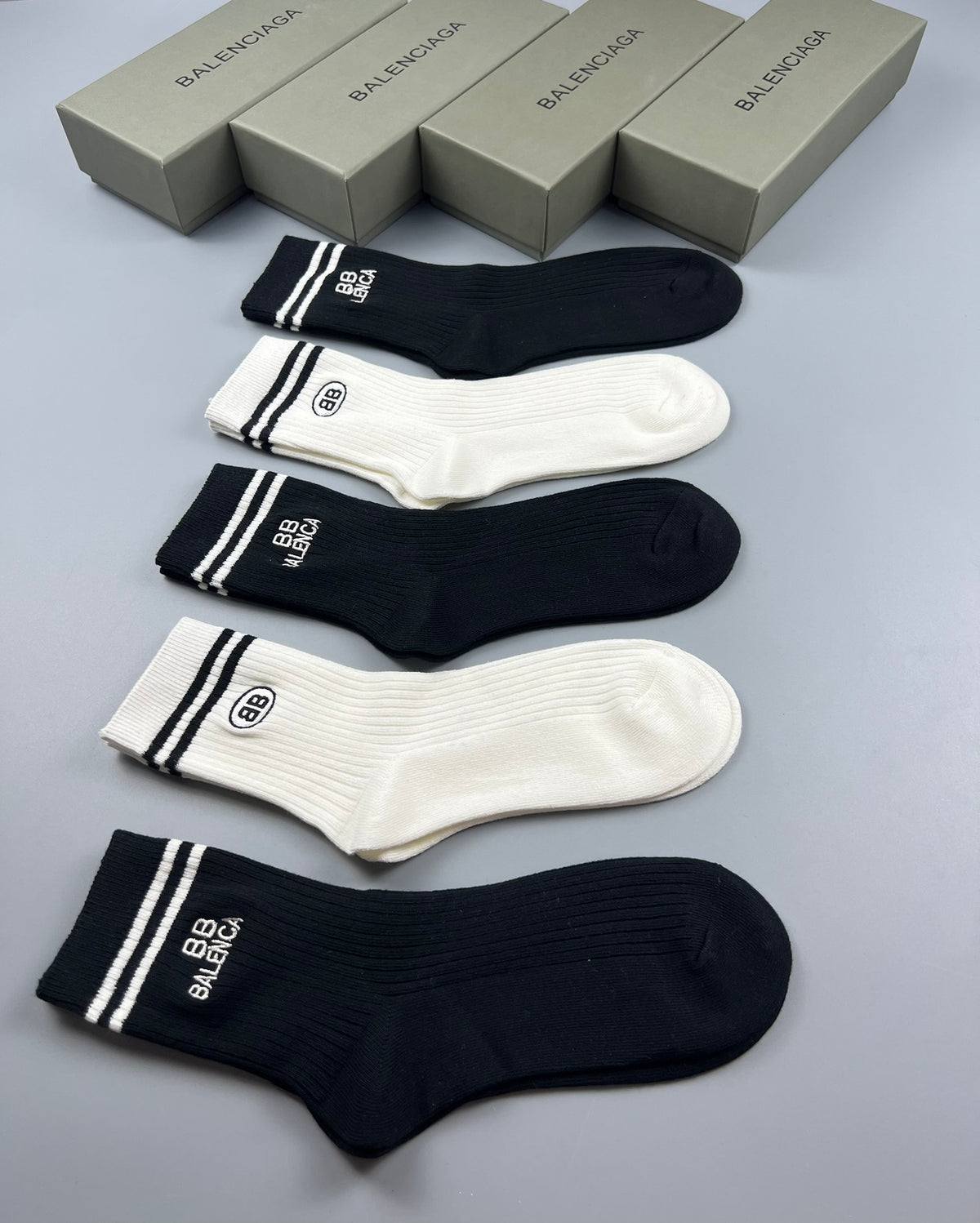 Balenciaga Black White Grey Fine Stripe Cuffs Crew Socks, image 6