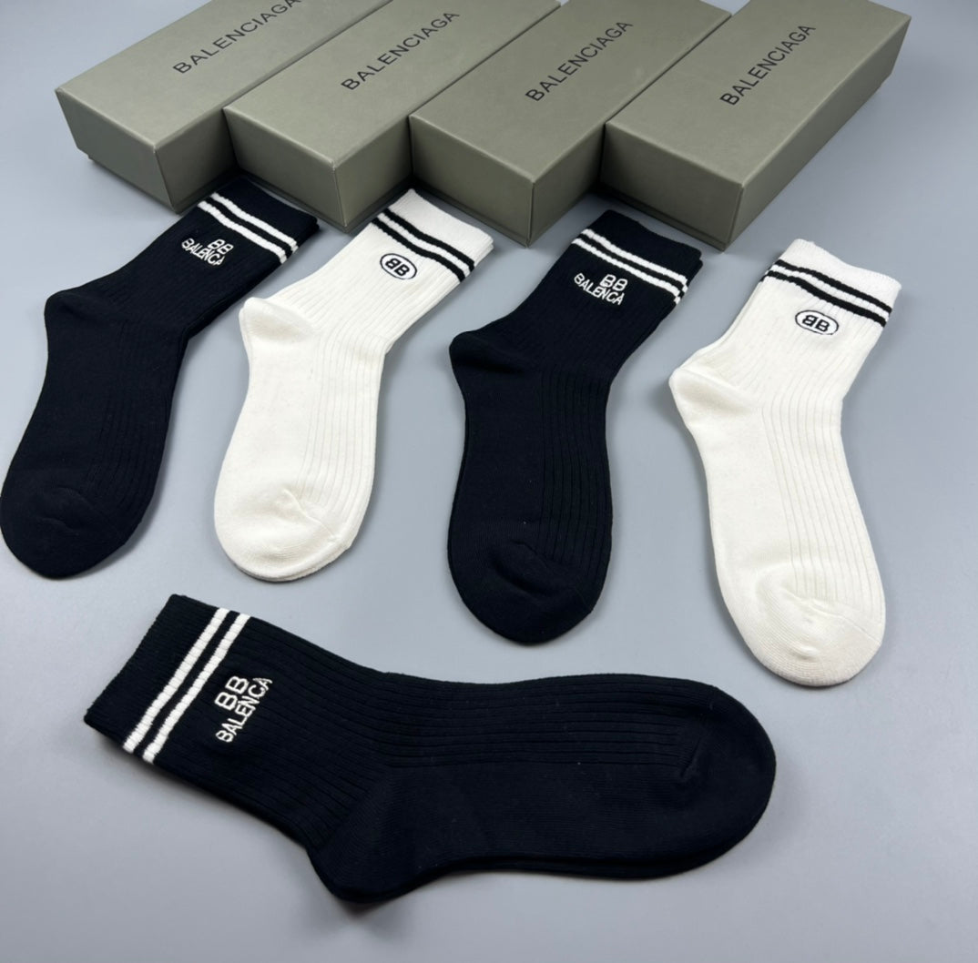 Balenciaga Black White Grey Fine Stripe Cuffs Crew Socks, image 5