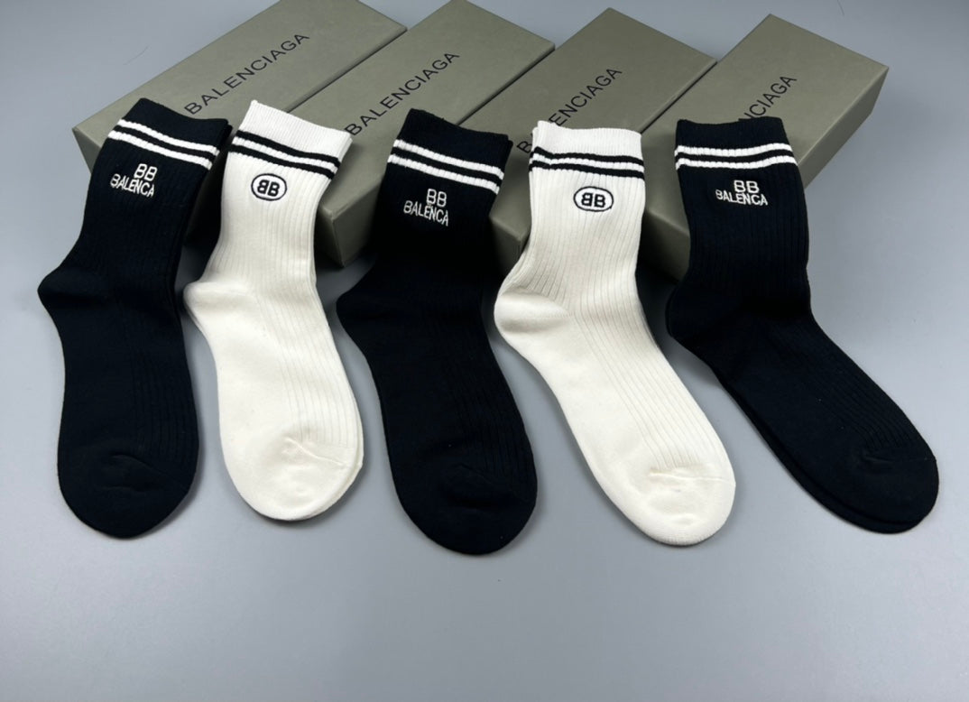 Balenciaga Black White Grey Fine Stripe Cuffs Crew Socks, image 3