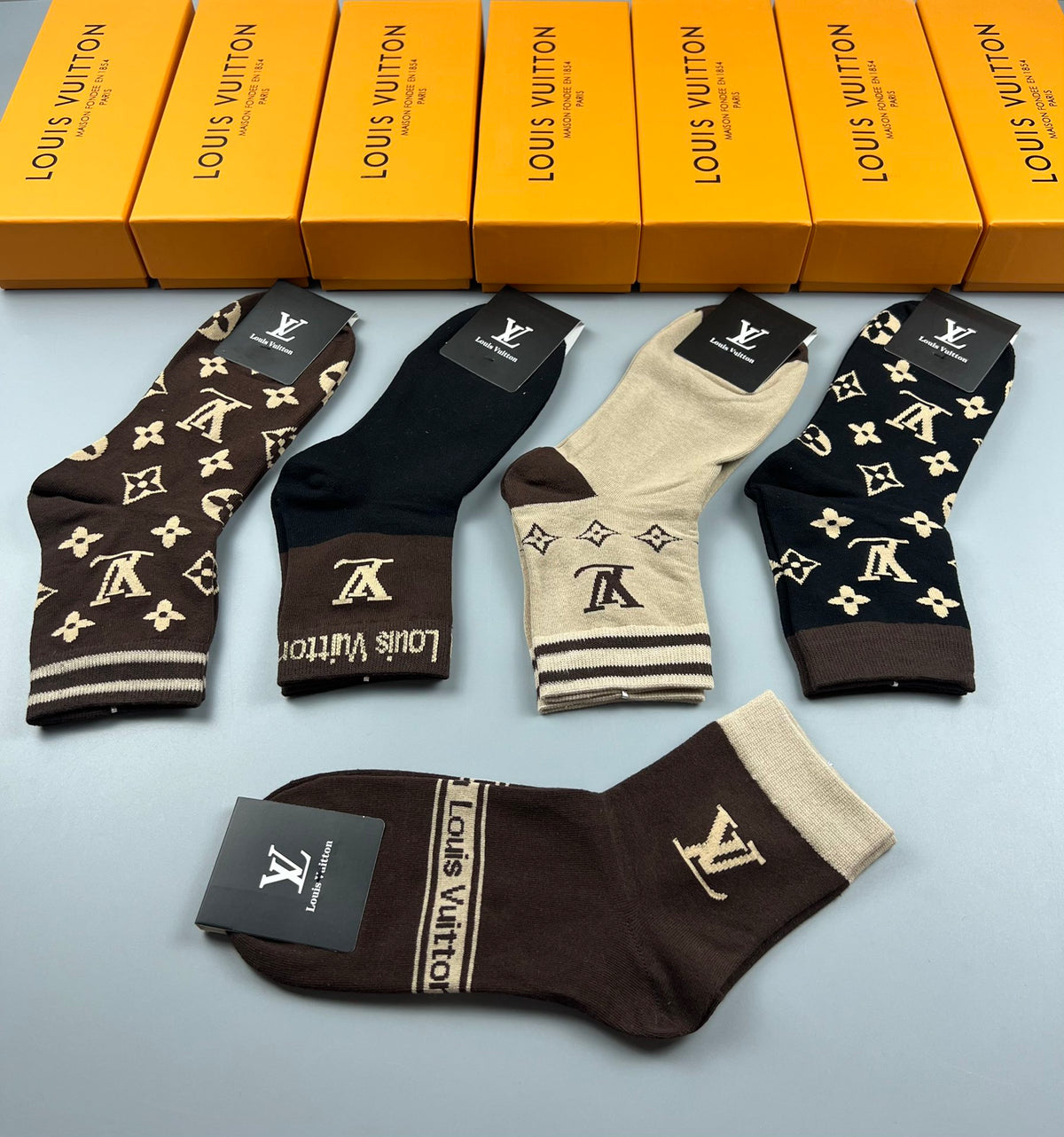 Louis Vuitton Brown Black Cream Allover Monogram Crew Socks, image 5