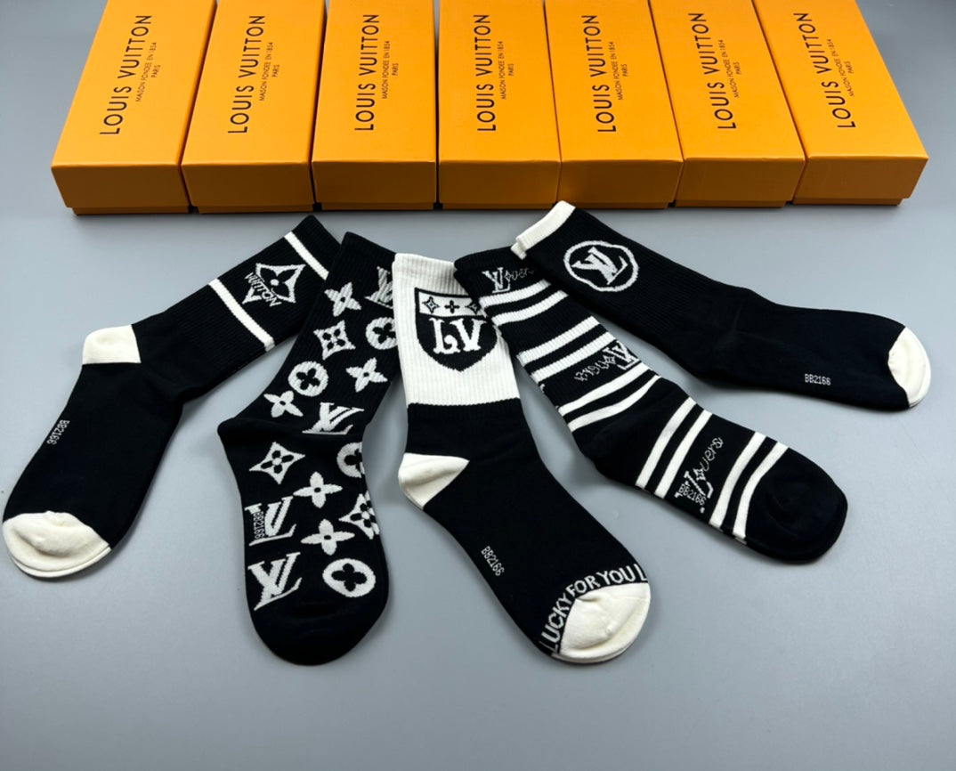 Louis Vuitton Black White Mixed Emblem Stripes Crew Socks, image 4