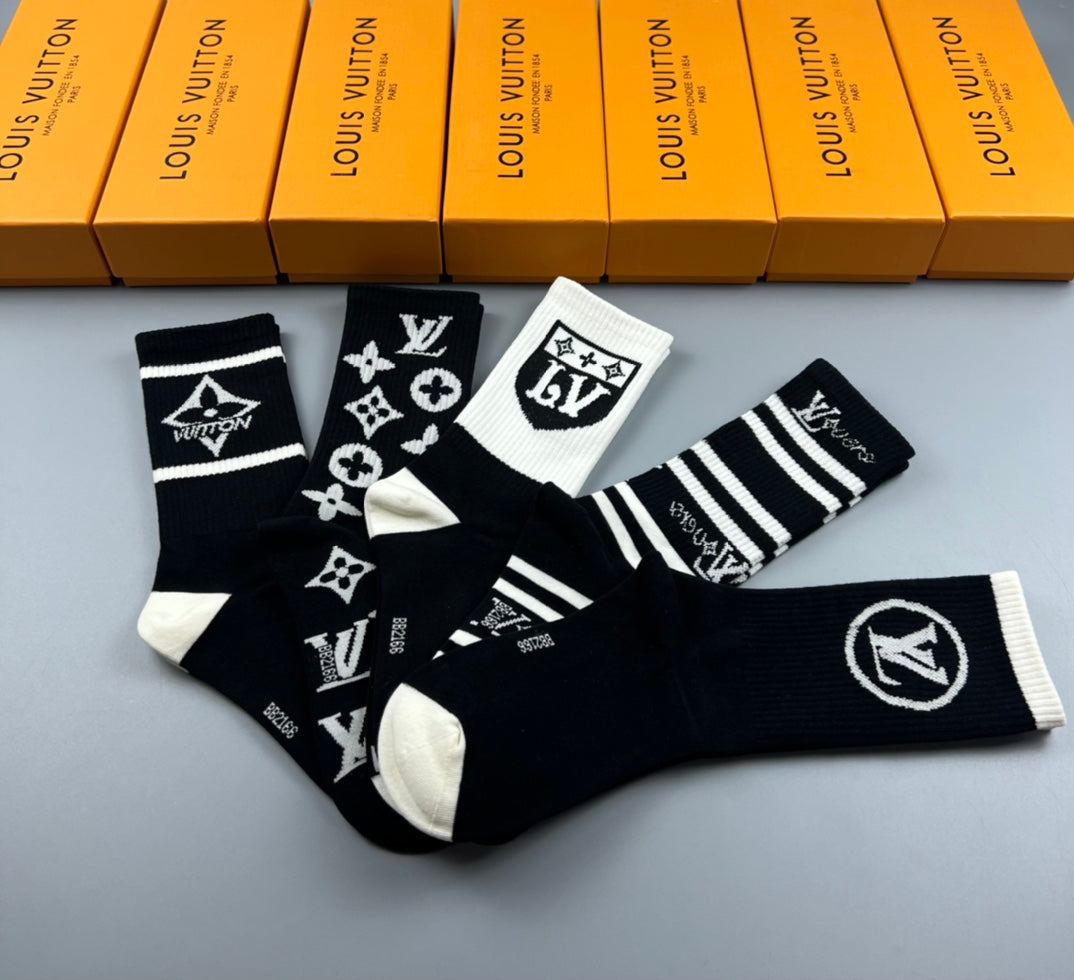 Louis Vuitton Black White Mixed Emblem Stripes Crew Socks, image 5