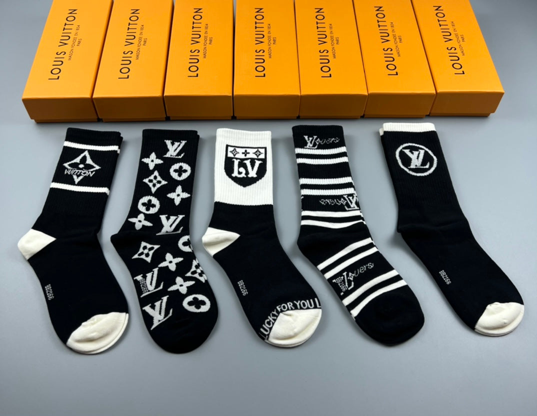 Louis Vuitton Black White Mixed Emblem Stripes Crew Socks, image 3