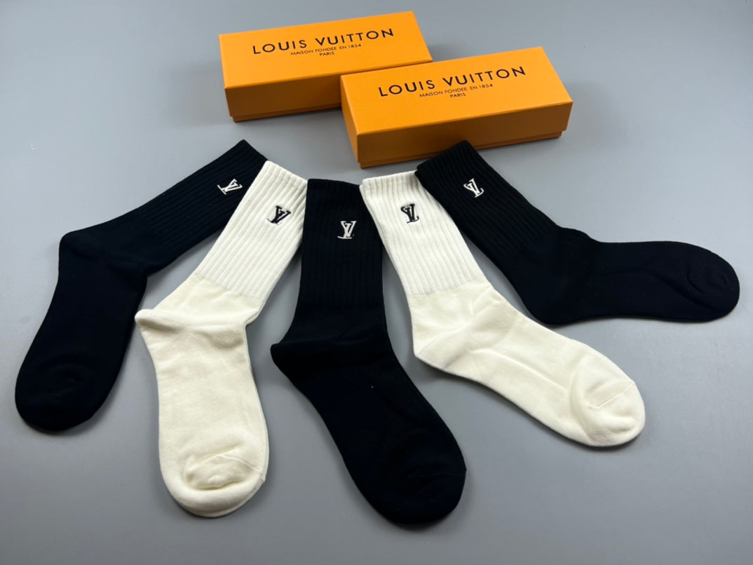 Louis Vuitton Black Cream Plain Monogram Cuffs Crew Socks, image 3