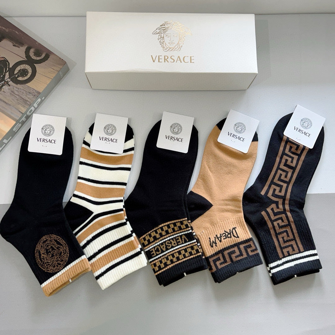Versace Black Cream Gold Greek Key Stripes Crew Socks, image 3
