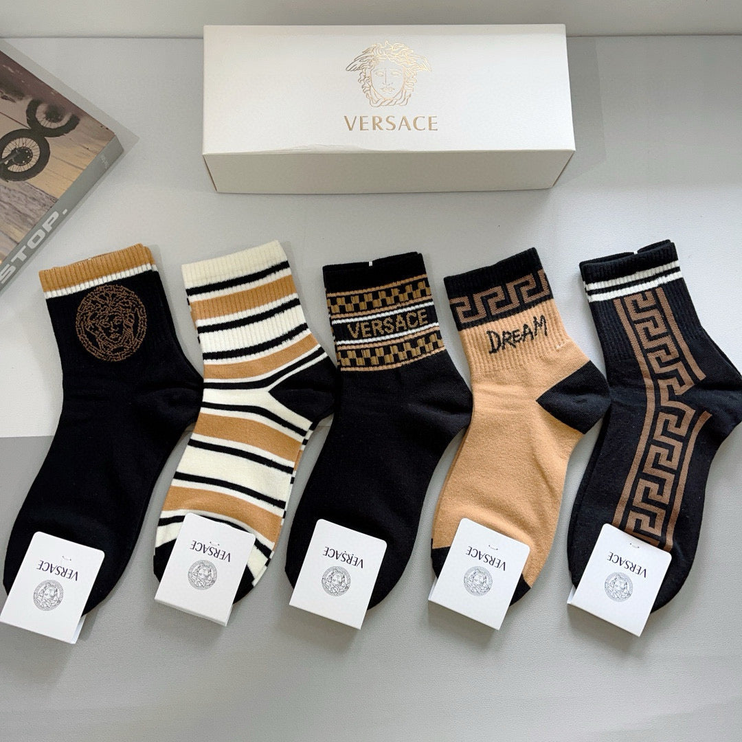 Versace Black Cream Gold Greek Key Stripes Crew Socks, image 2