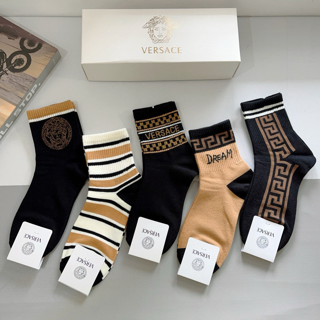 Versace Black Cream Gold Greek Key Stripes Crew Socks, image 9
