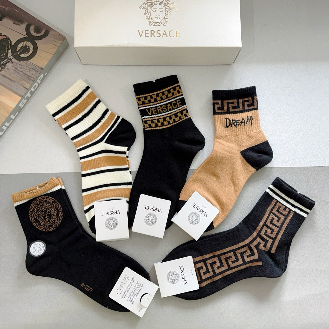 Versace Black Cream Gold Greek Key Stripes Crew Socks, image 8
