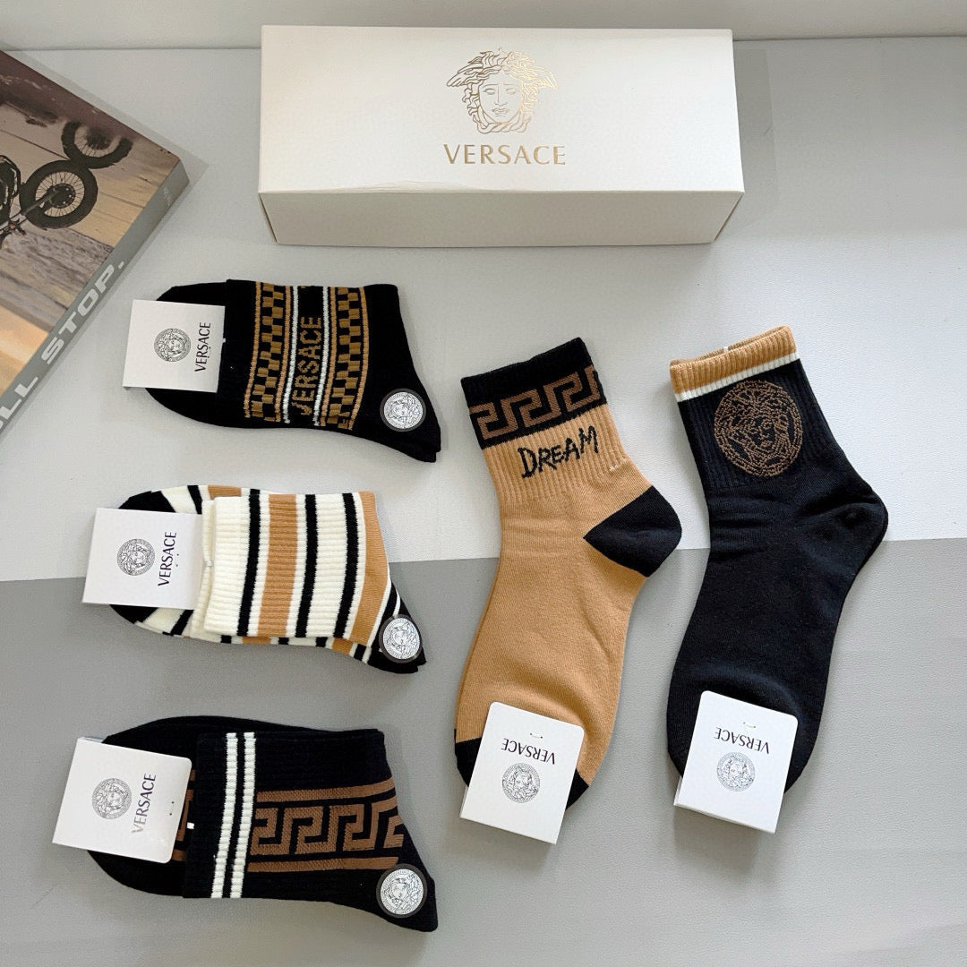 Versace Black Cream Gold Greek Key Stripes Crew Socks, image 6