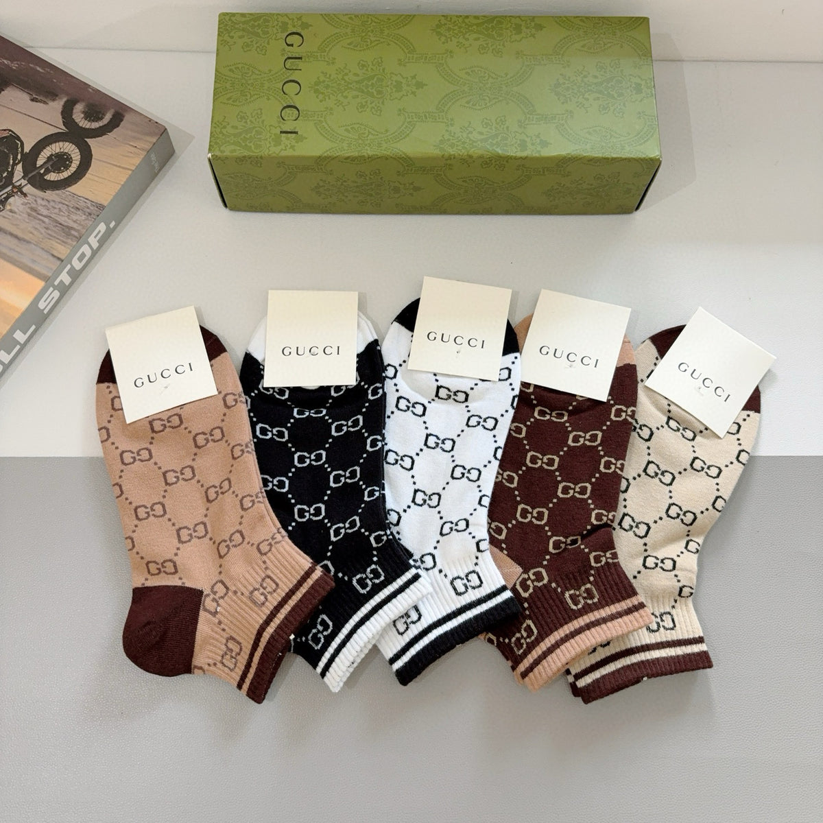 Gucci Brown Black White Repeating Letter Pattern Crew Socks, image 3