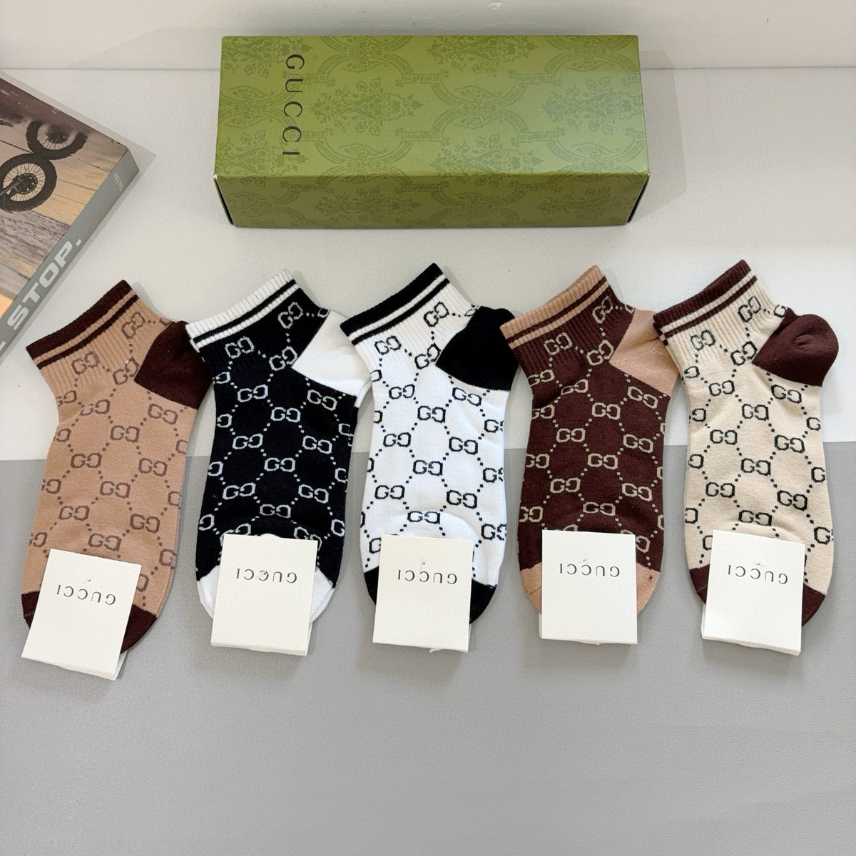 Gucci Brown Black White Repeating Letter Pattern Crew Socks, image 2