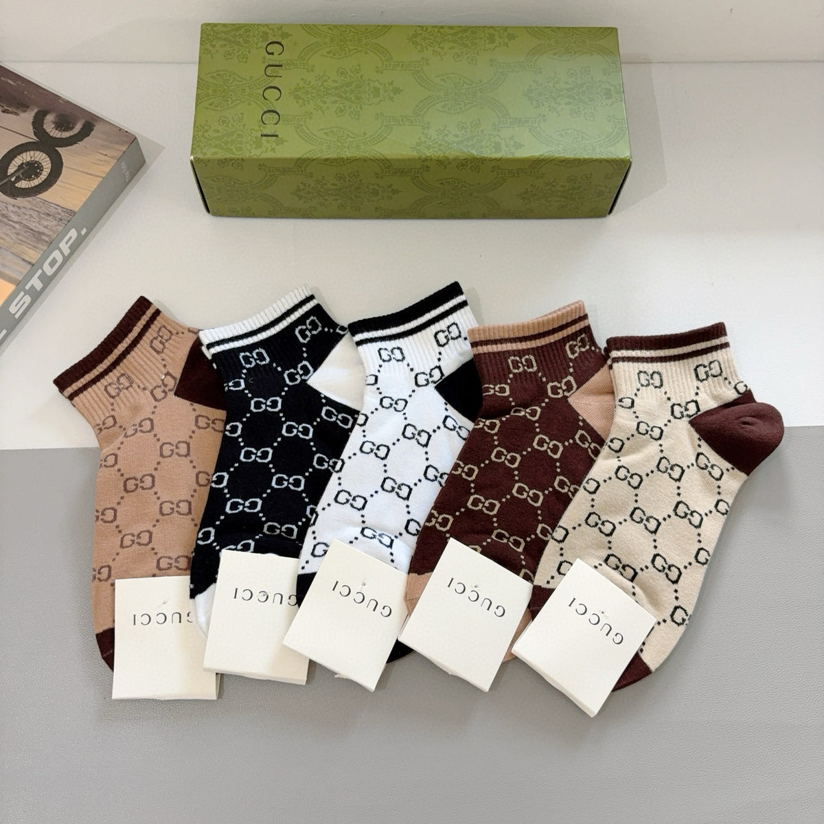 Gucci Brown Black White Repeating Letter Pattern Crew Socks, image 1
