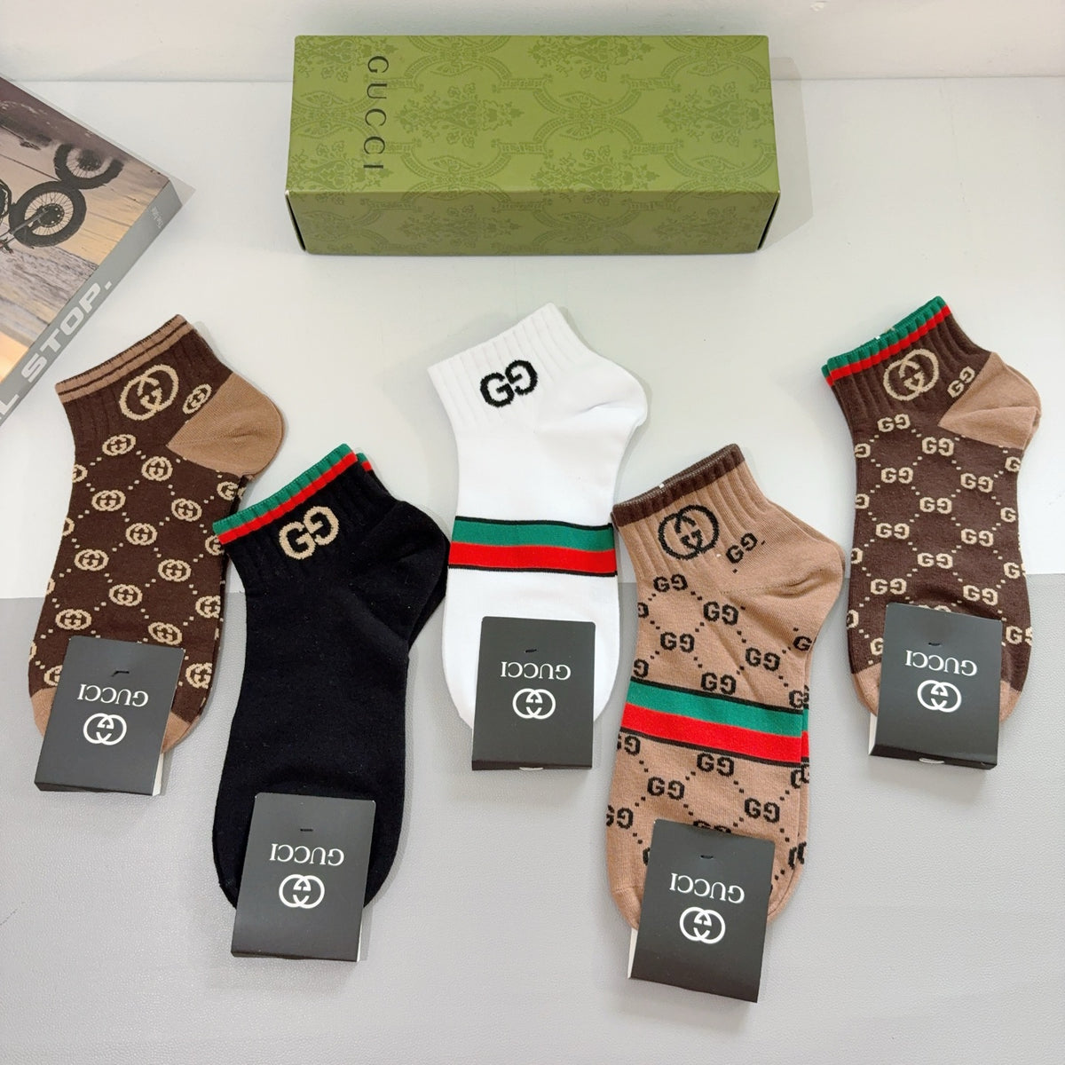 Gucci Brown Black Checker Stripe Mix Crew Socks, image 8