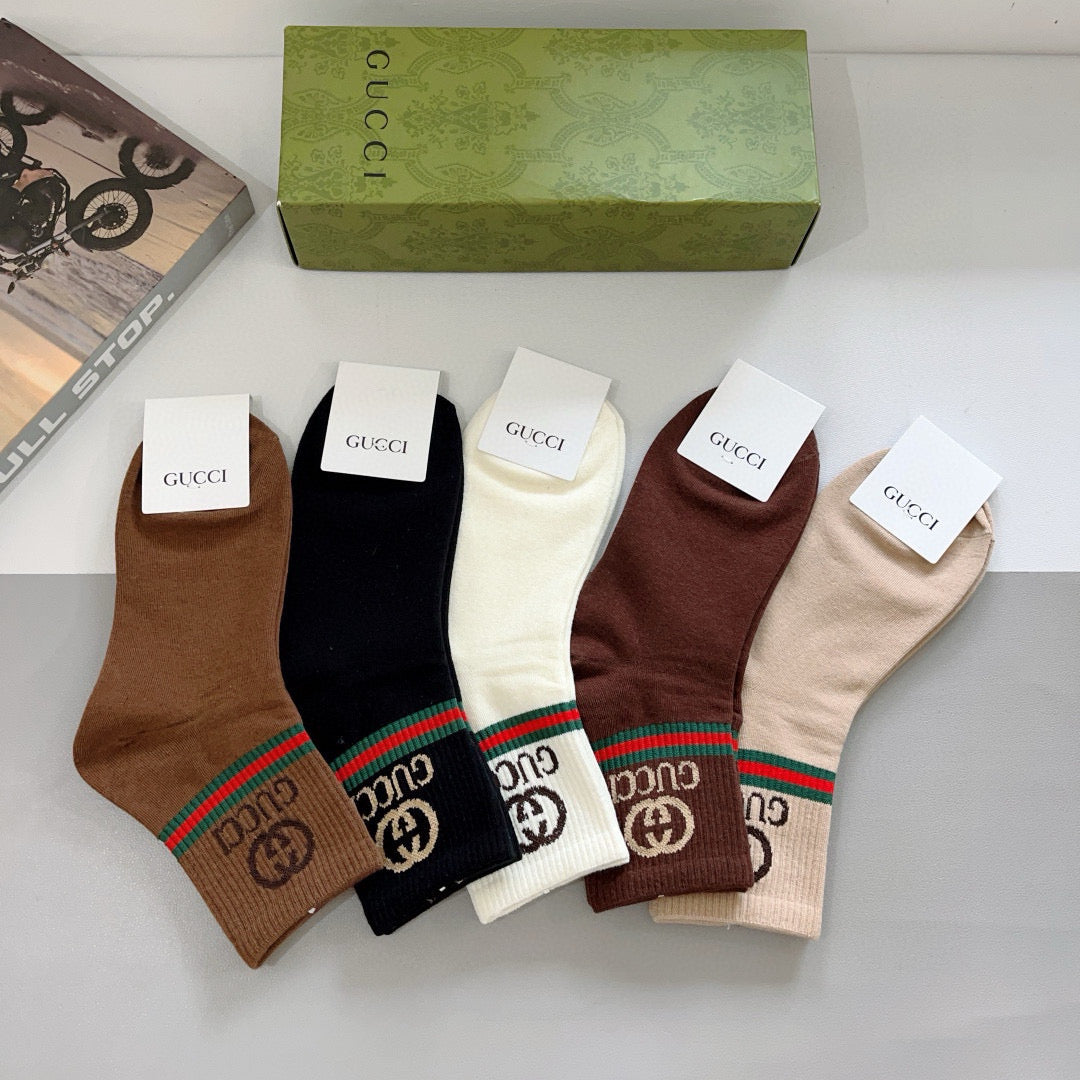 Gucci Earthy Red Green Double Letter Bands Crew Socks, image 4