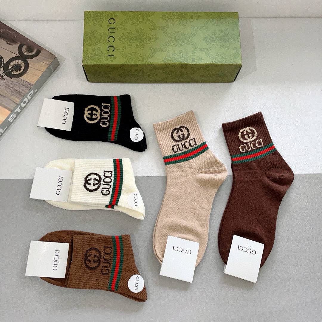 Gucci Earthy Red Green Double Letter Bands Crew Socks, image 7