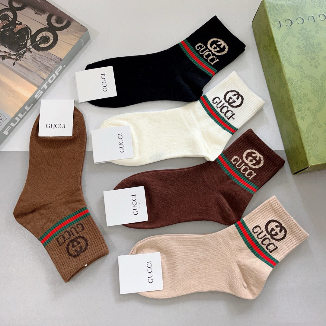 Gucci Earthy Red Green Double Letter Bands Crew Socks, image 5