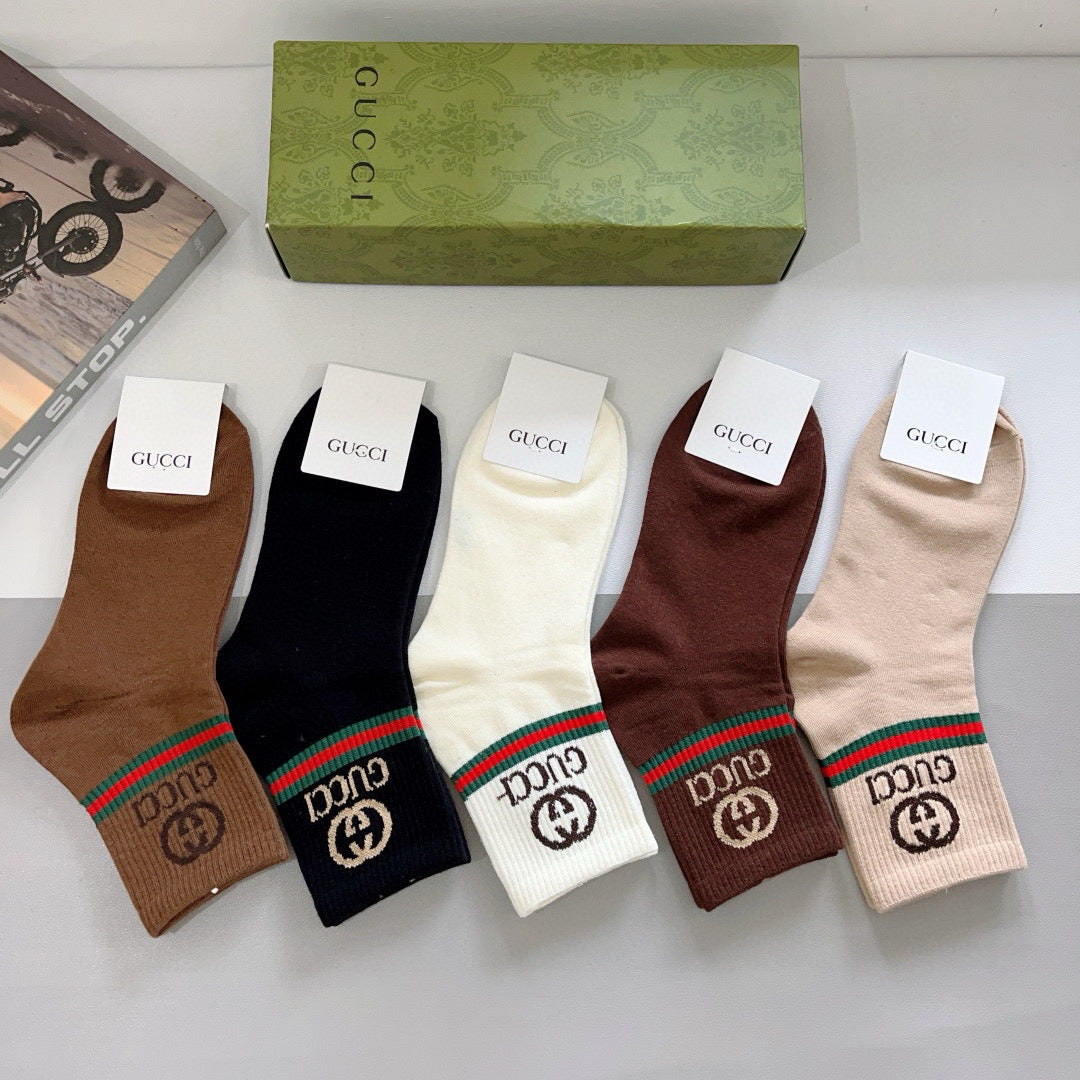Gucci Earthy Red Green Double Letter Bands Crew Socks, image 3