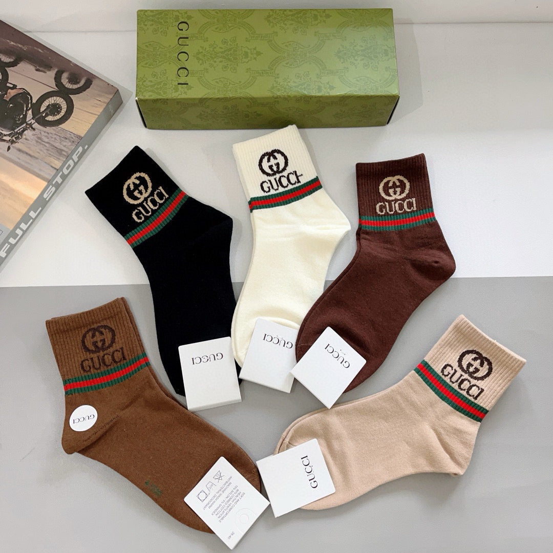 Gucci Earthy Red Green Double Letter Bands Crew Socks, image 8
