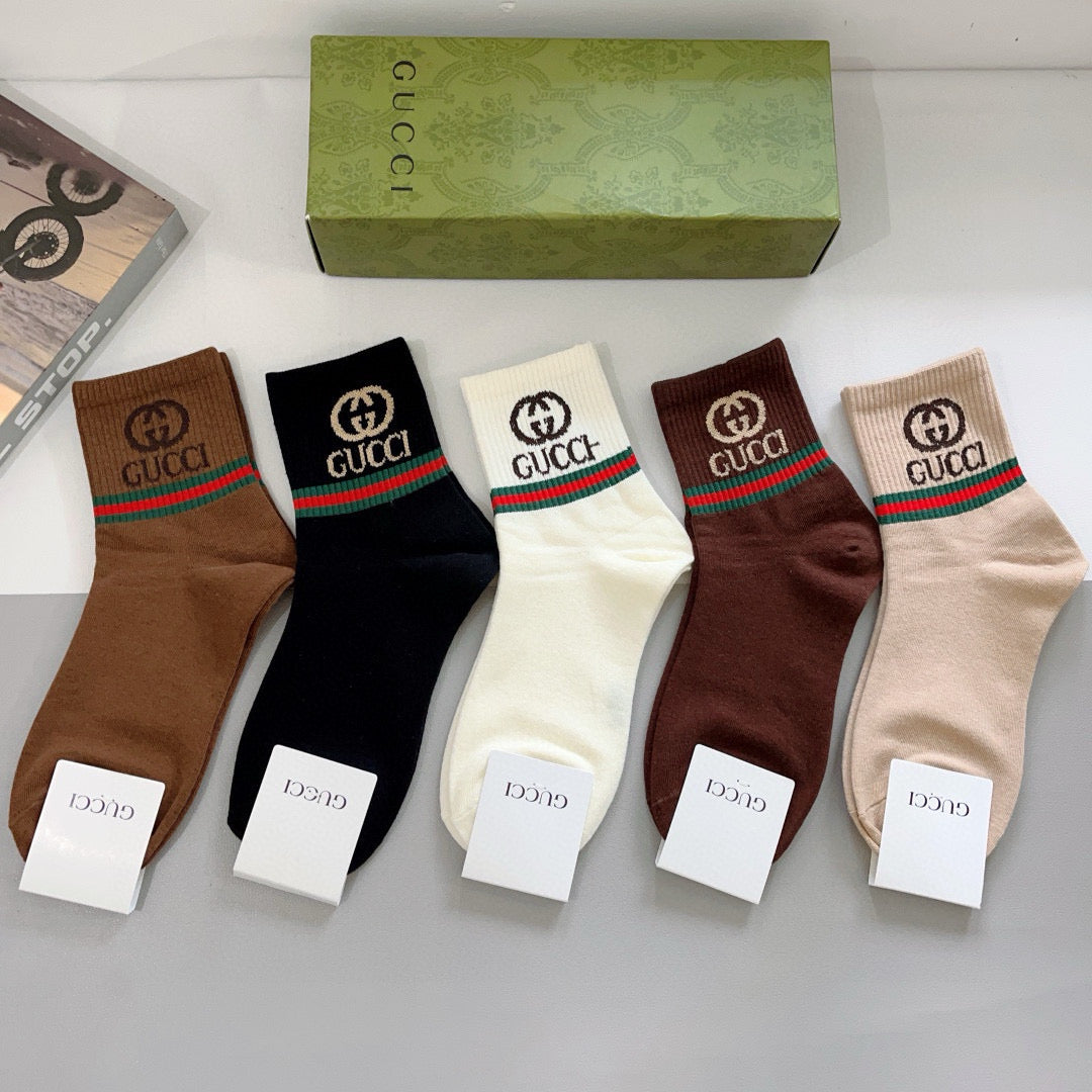 Gucci Earthy Red Green Double Letter Bands Crew Socks, image 2