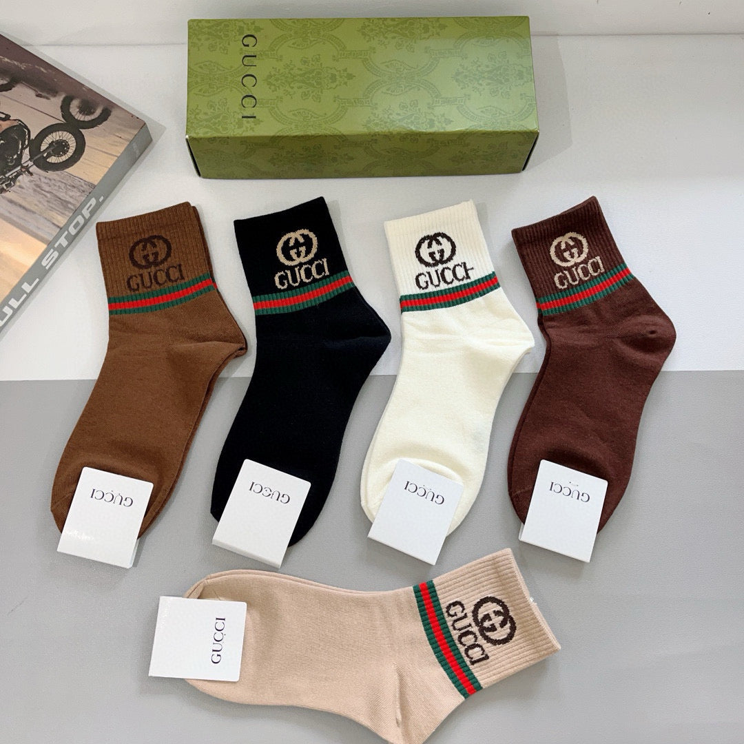 Gucci Earthy Red Green Double Letter Bands Crew Socks, image 6