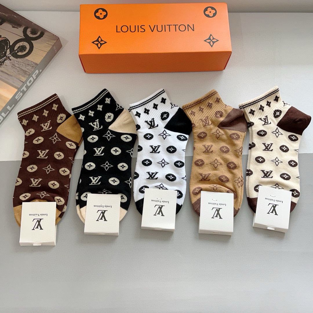 Louis Vuitton Black White Brown Allover Flowers Crew Socks, image 2