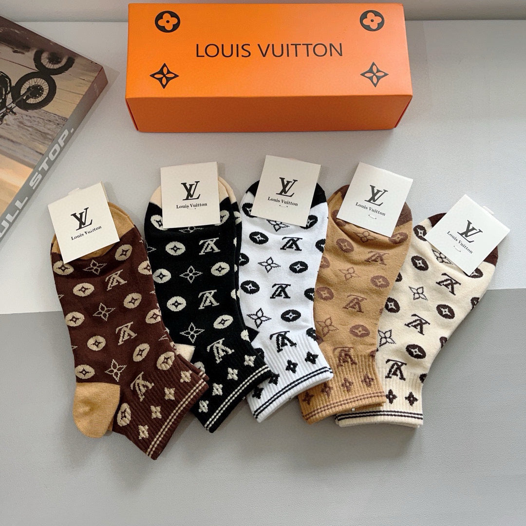 Louis Vuitton Black White Brown Allover Flowers Crew Socks, image 3