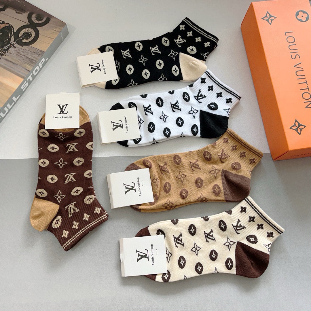 Louis Vuitton Black White Brown Allover Flowers Crew Socks, image 7