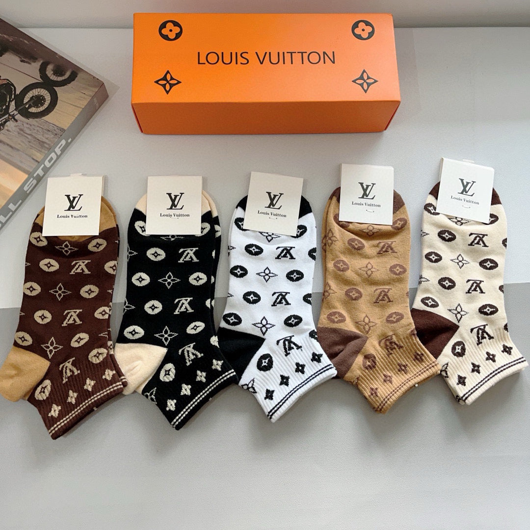 Louis Vuitton Black White Brown Allover Flowers Crew Socks, image 4