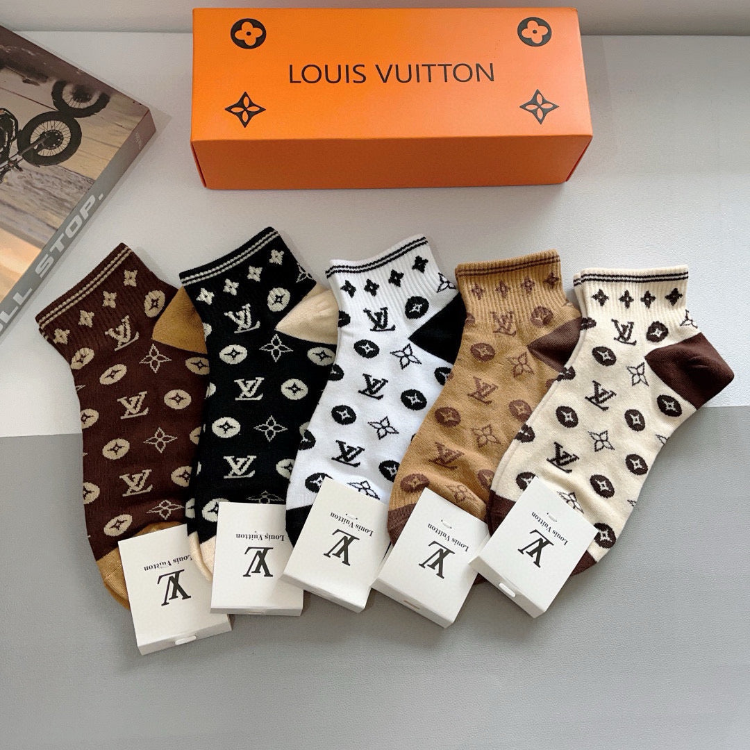 Louis Vuitton Black White Brown Allover Flowers Crew Socks, image 1