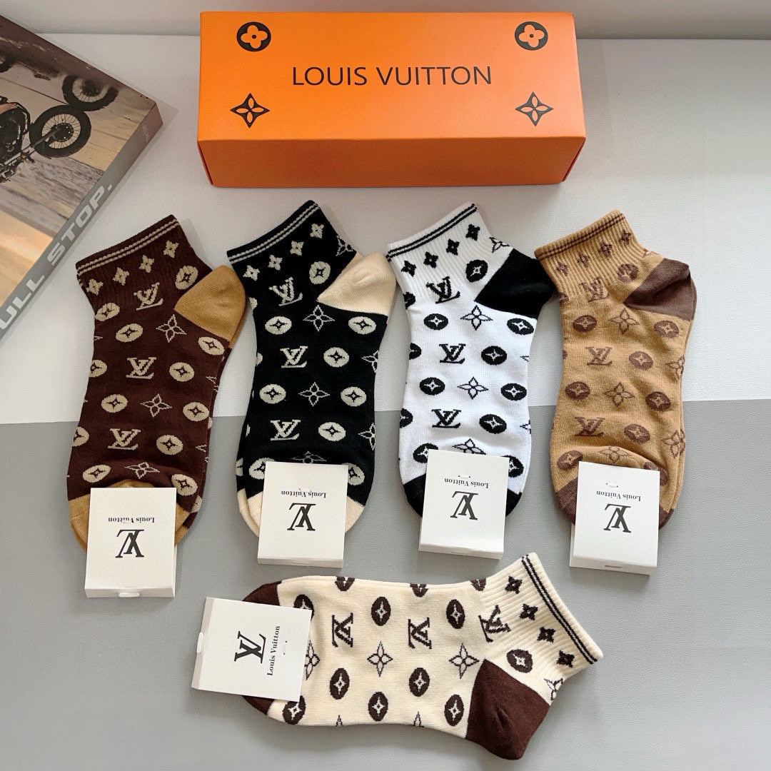 Louis Vuitton Black White Brown Allover Flowers Crew Socks, image 5