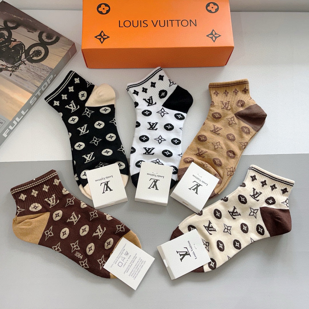 Louis Vuitton Black White Brown Allover Flowers Crew Socks, image 8