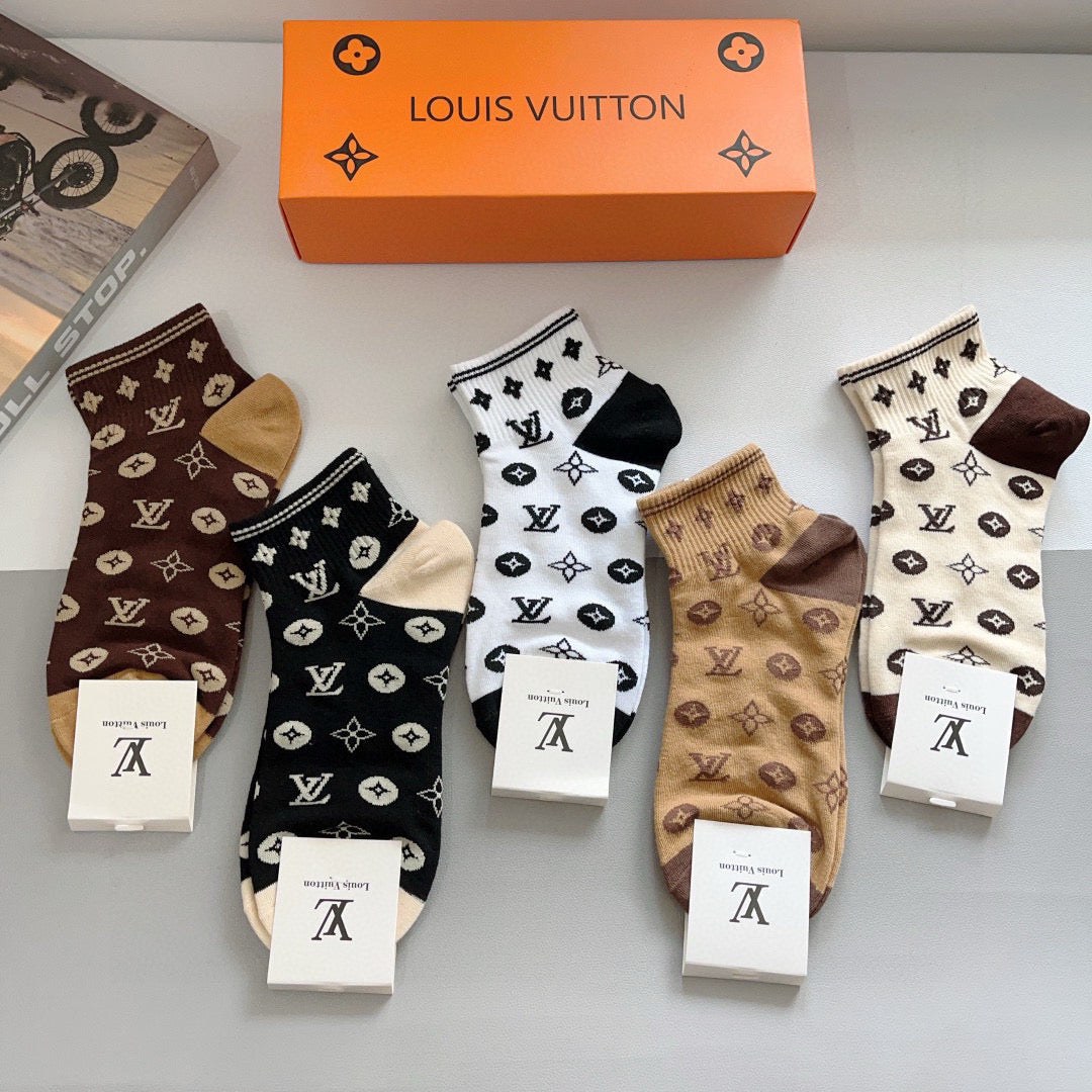 Louis Vuitton Black White Brown Allover Flowers Crew Socks, image 9