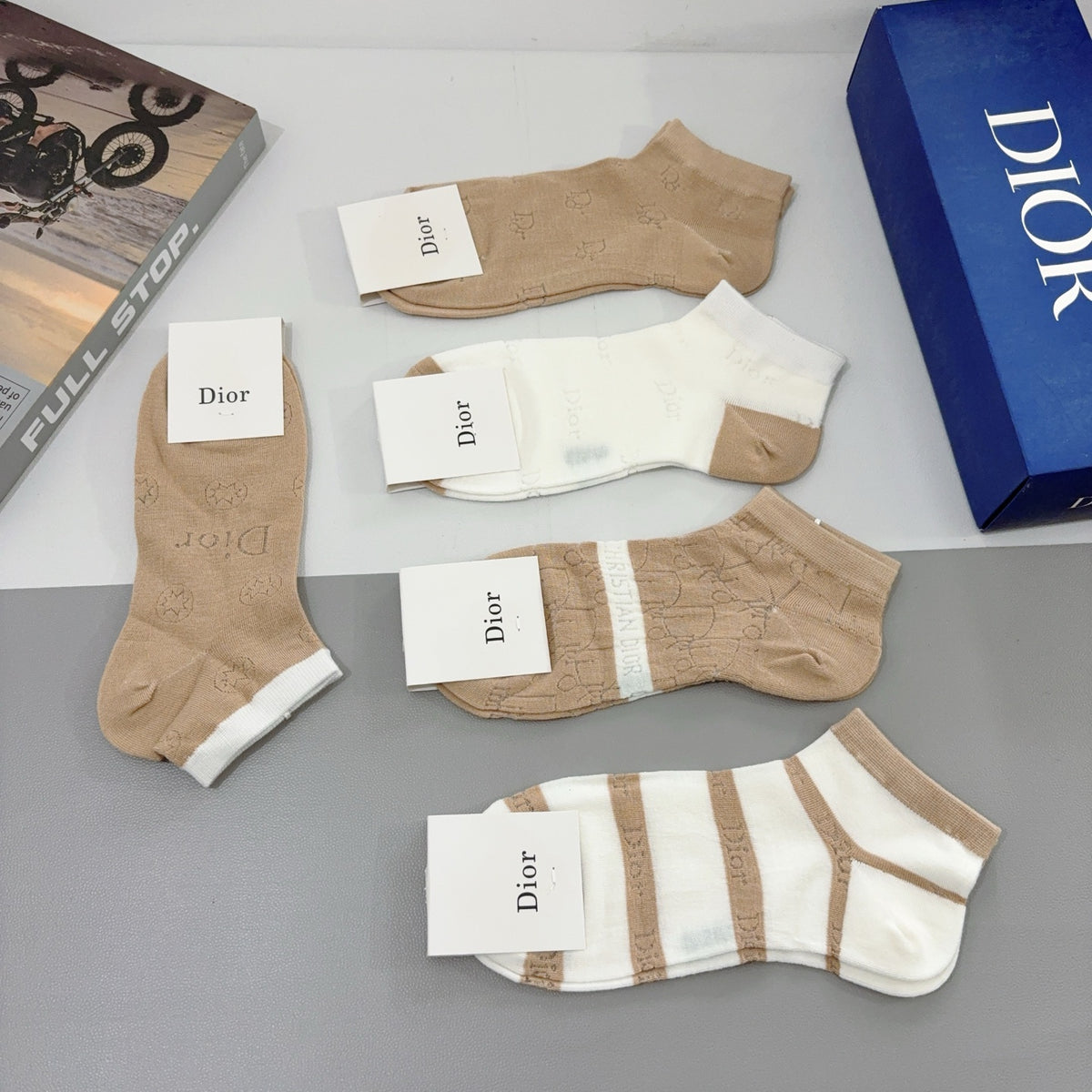 Dior Beige Brown White Broad Stripe Crew Socks, image 6