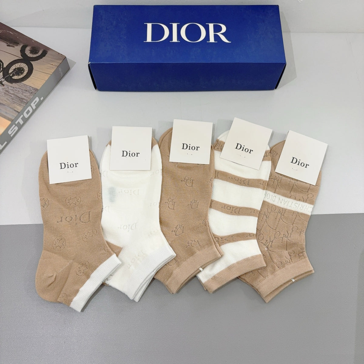 Dior Beige Brown White Broad Stripe Crew Socks, image 4