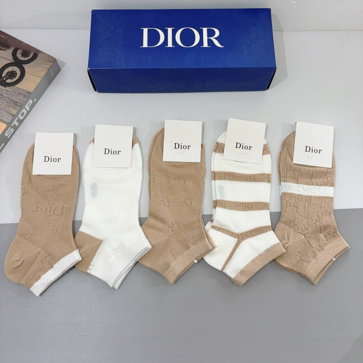 Dior Beige Brown White Broad Stripe Crew Socks, image 3