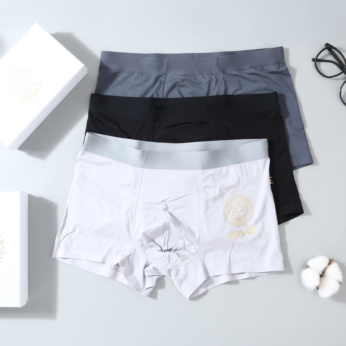 Versace White Grey Black Broad Waist Boxer Briefs, image 1