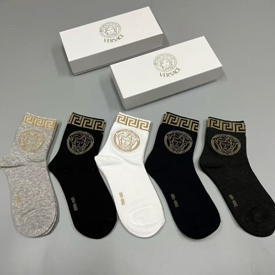 Versace Black White Cream Gold Key Cuffs Crew Socks, image 3