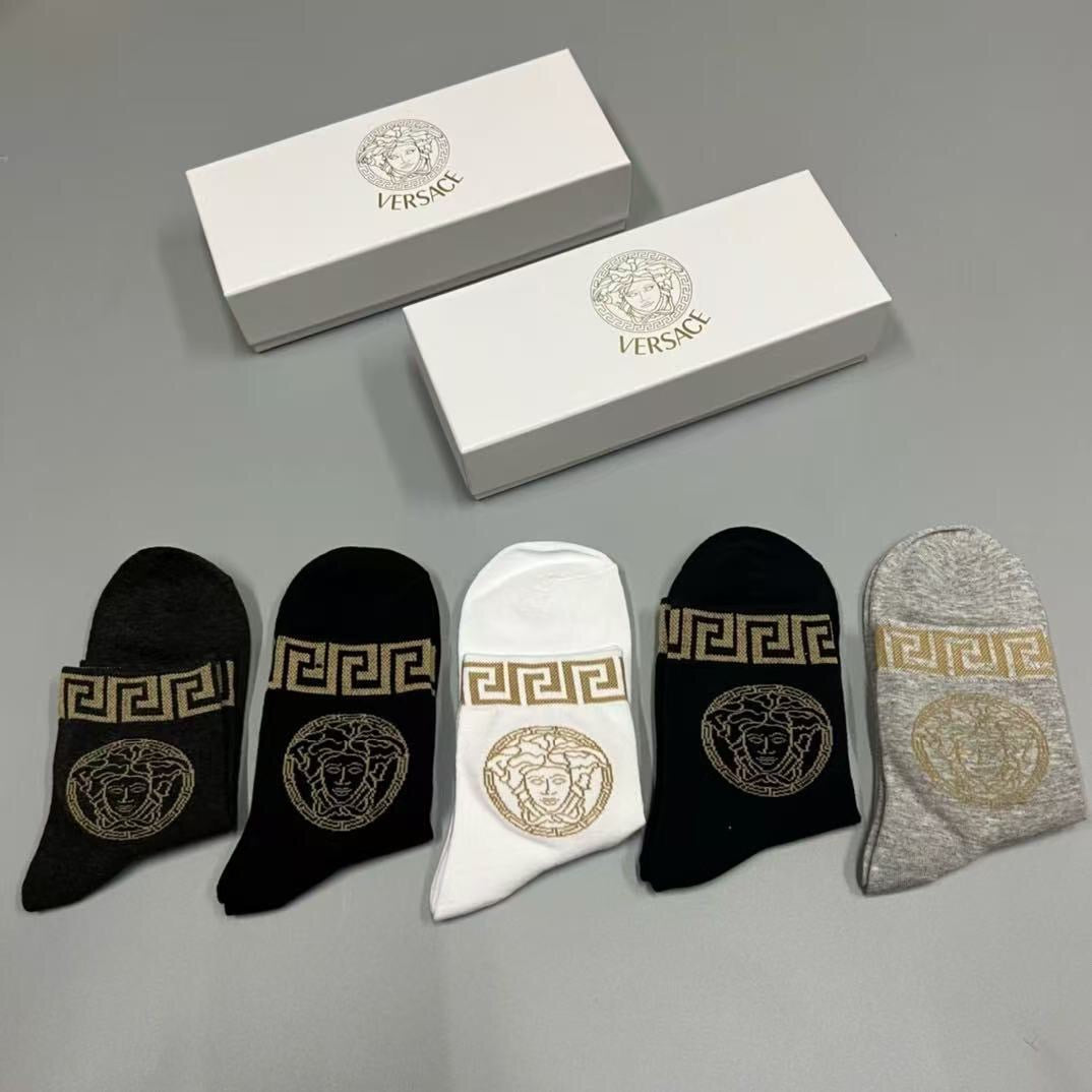Versace Black White Cream Gold Key Cuffs Crew Socks, image 2