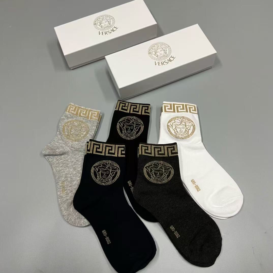 Versace Black White Cream Gold Key Cuffs Crew Socks, image 6