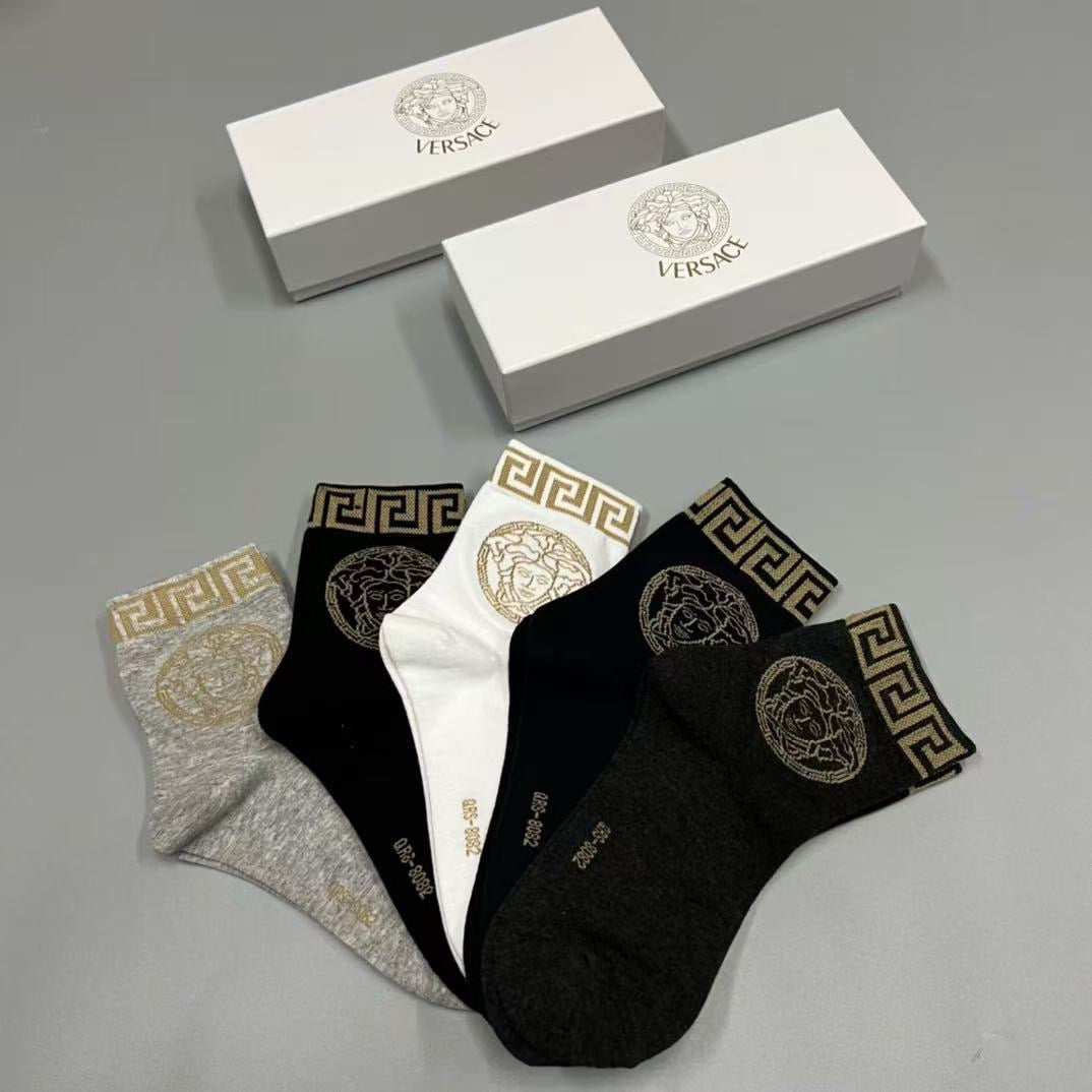 Versace Black White Cream Gold Key Cuffs Crew Socks, image 5
