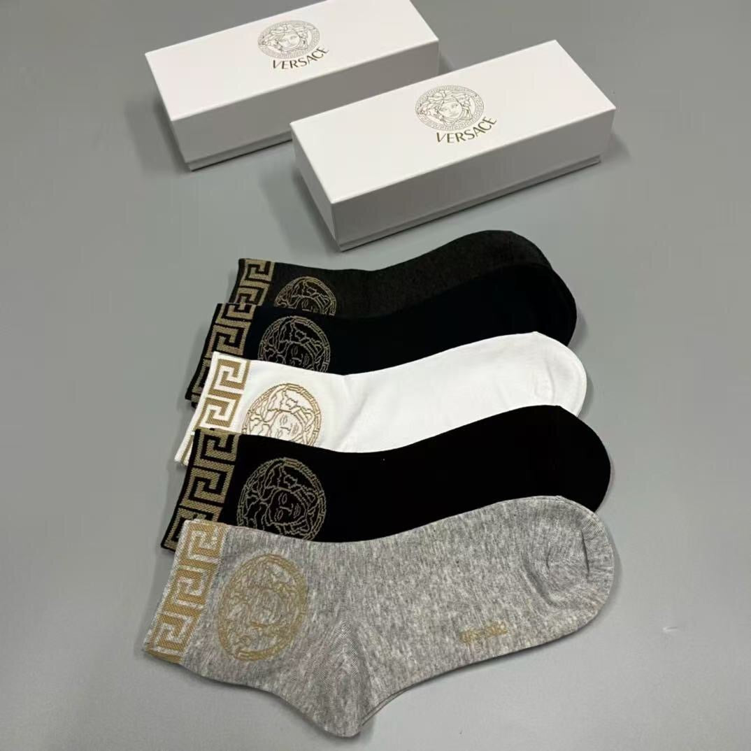 Versace Black White Cream Gold Key Cuffs Crew Socks, image 4